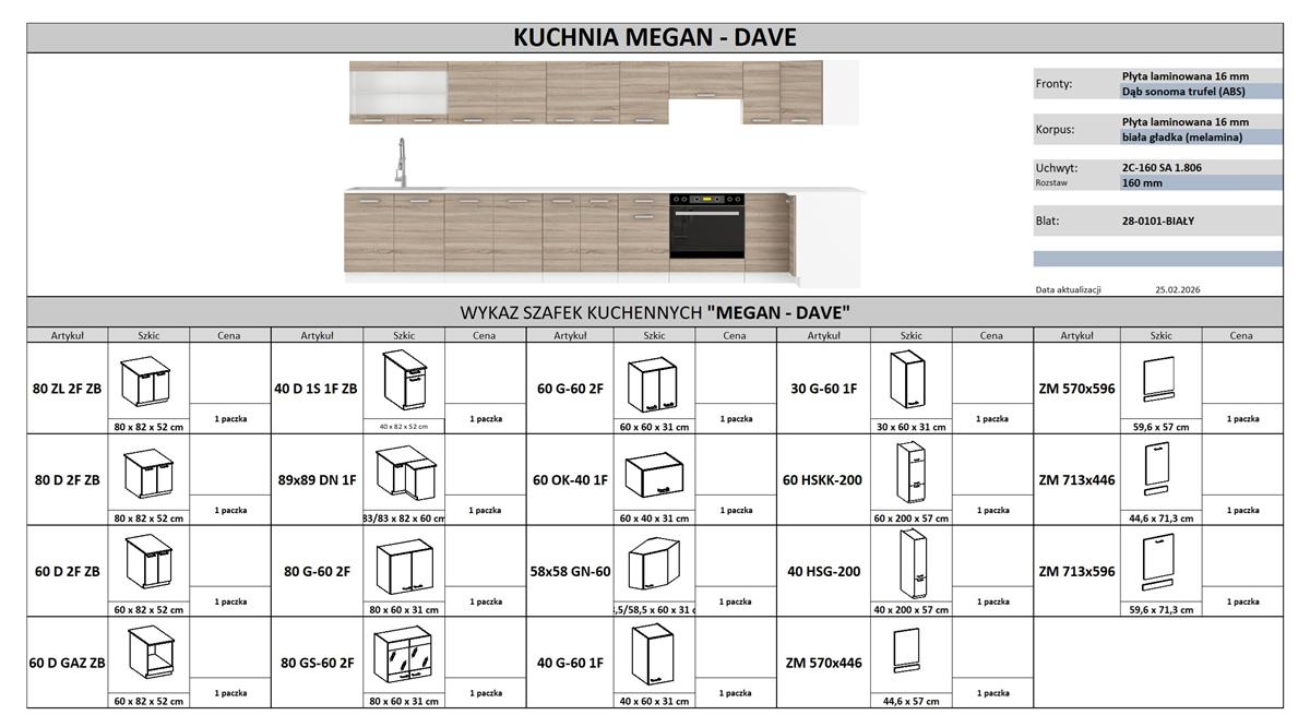 Wykaz szafek kuchennych na wymiar MEGAN DAVE, meble kuchenne modułowe